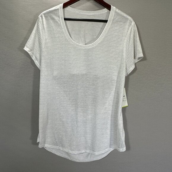 Old Navy Active Top Women Large White Gray Stripe Short Sleeve Tee Open Back NEW - Picture 1 of 7